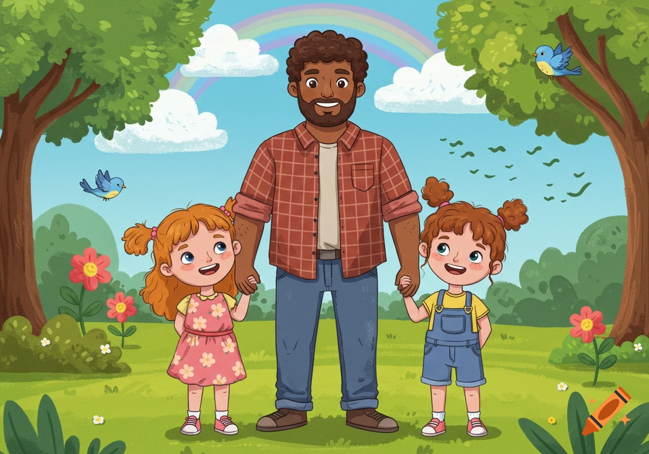 A cartoon illustration of a dad holding hands with his two daughters in a sunny park with trees and a rainbow.
