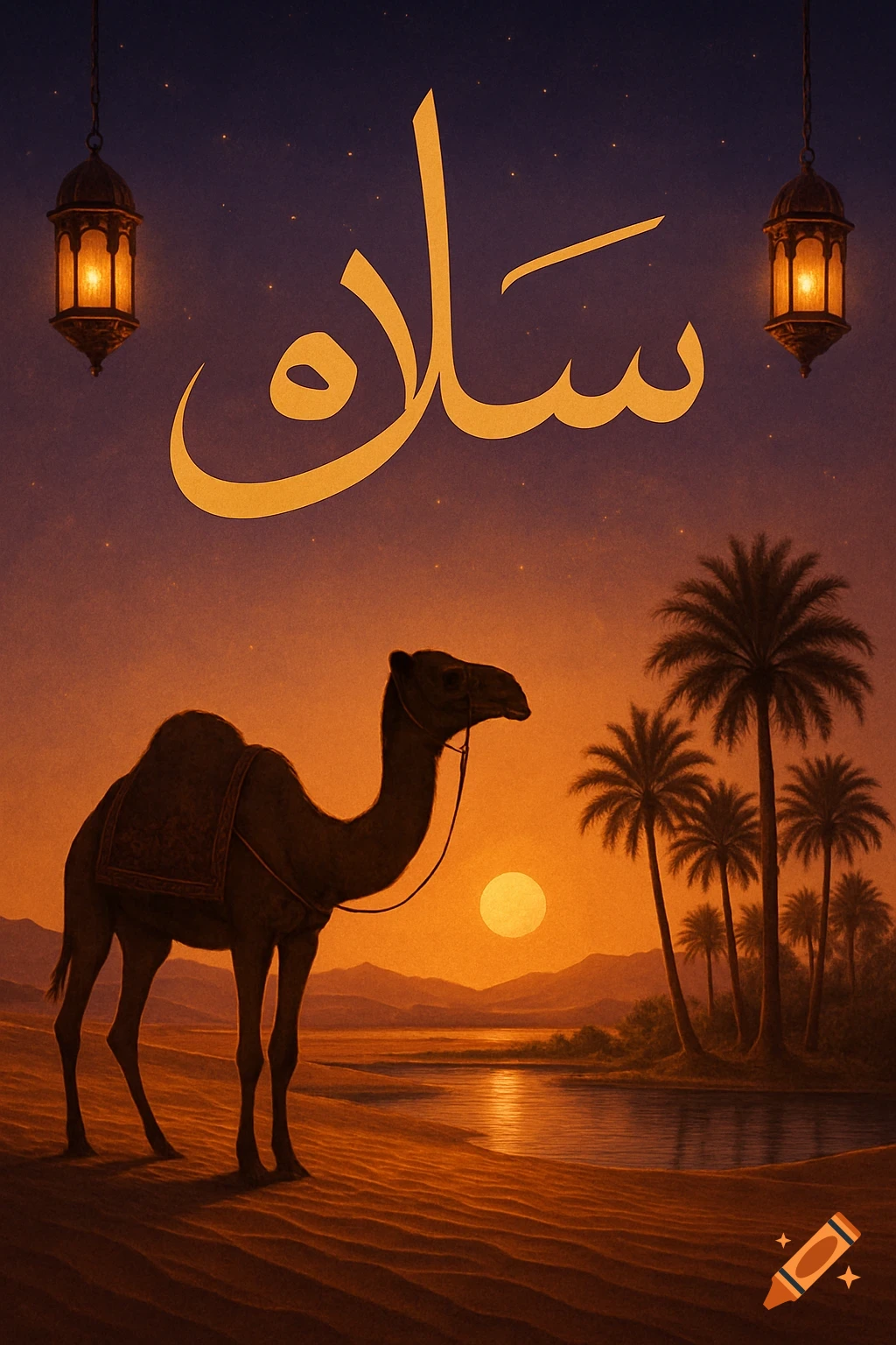 A camel stands on sand dunes in a desert landscape at sunset, with palm trees and a body of water. Large gold Arabic calligraphy is at the top.