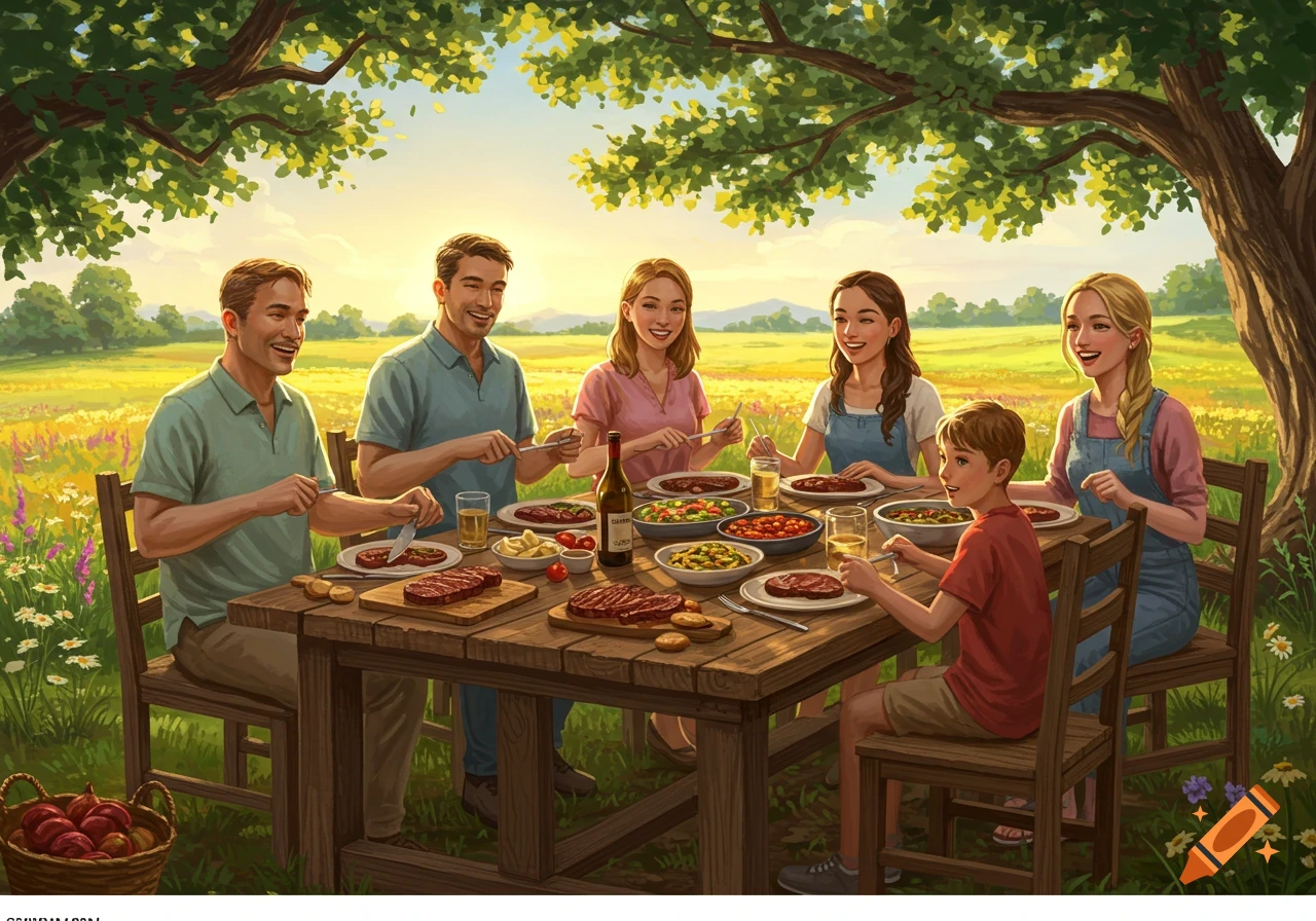 An illustration of a family of six having an outdoor steak dinner at a wooden table in a sunny field under a large tree.
