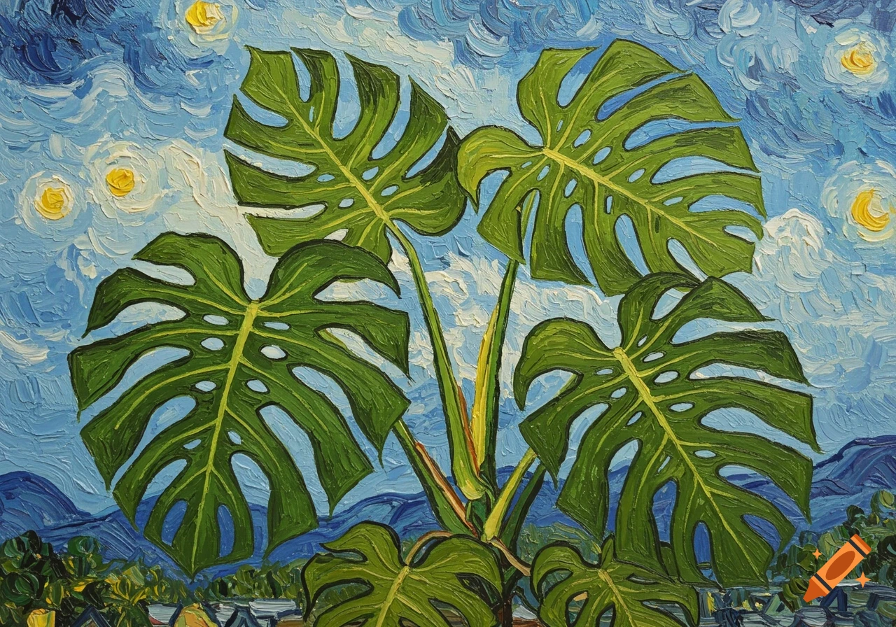 A painting of Monstera deliciosa leaves against a swirling blue sky with stars, in the style of Vincent Van Gogh.