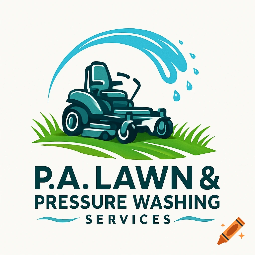 Logo for P.A. Lawn & Pressure Washing Services featuring a green lawnmower on grass with blue water splashes and text.