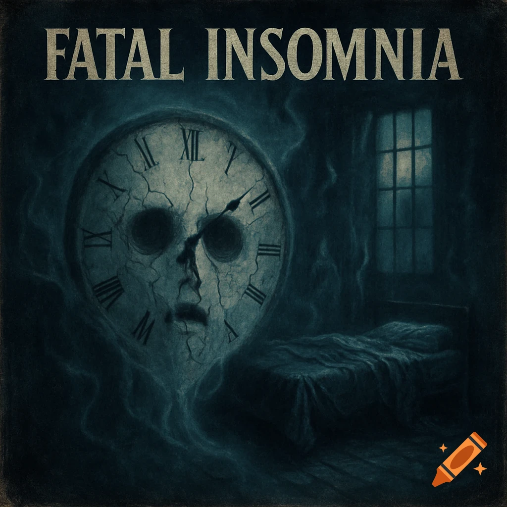 Eerie, dark blue album cover featuring a cracked clock face with eyes and a mouth, floating above an empty bed in a shadowy room, with the title 'FATAL INSOMNIA' above.