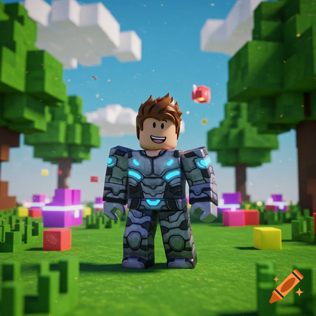 A Roblox character in futuristic grey and blue armor stands in a vibrant blocky world with green grass, trees, and floating cubes under a blue sky.
