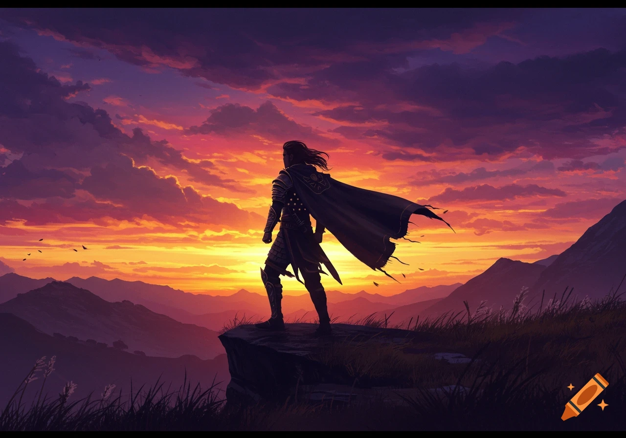 A silhouette of a warrior in armor and cape stands on a cliff overlooking mountains at sunset. The sky is fiery orange, red, and purple.