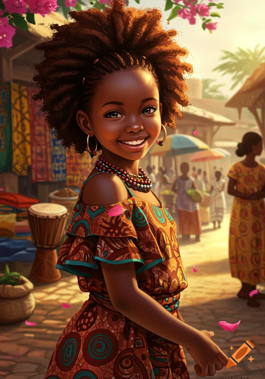 An illustration of a smiling African girl with natural hair and a colorful dress in a sunny market.