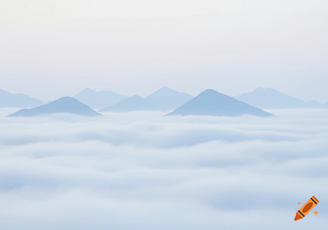 Minimalist art of blue mountain peaks rising above a dense white cloudscape.