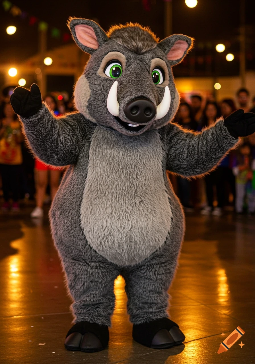 A furry gray and brown collared peccary mascot costume with green eyes and white tusks stands with arms open at an indoor event.