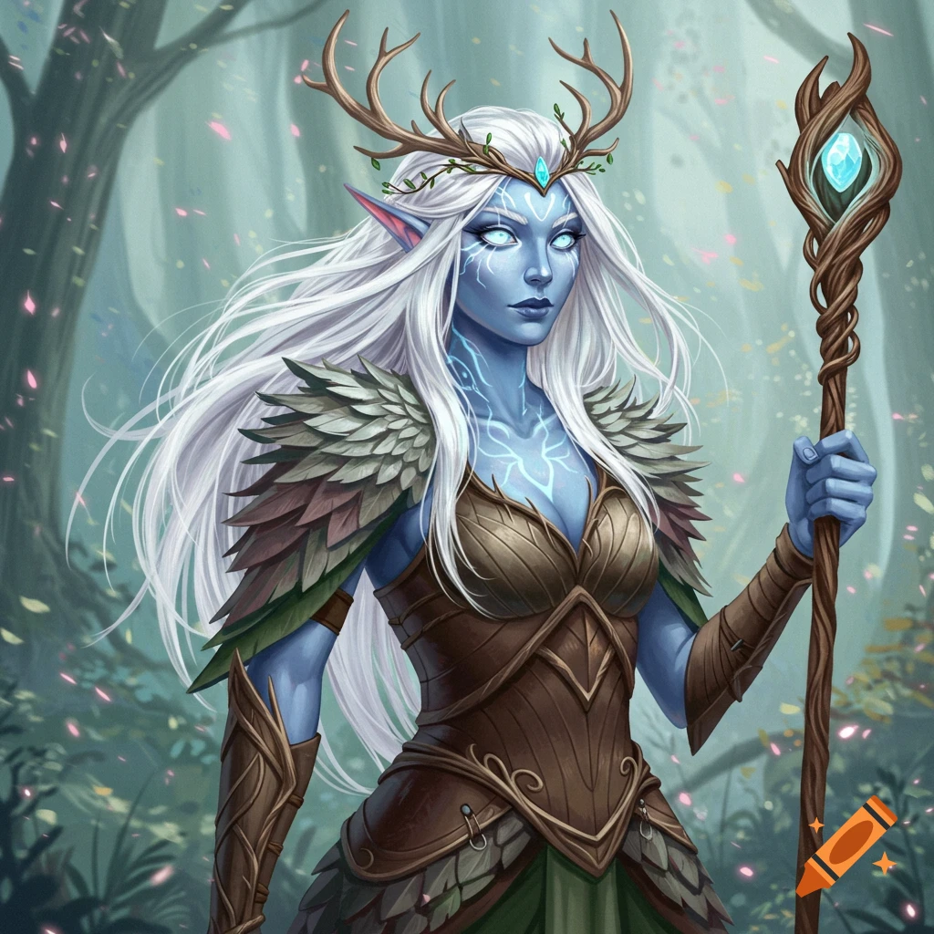A blue-skinned female fantasy character with white hair, antlers, and glowing chest markings, wearing leaf armor and holding a staff in a forest.