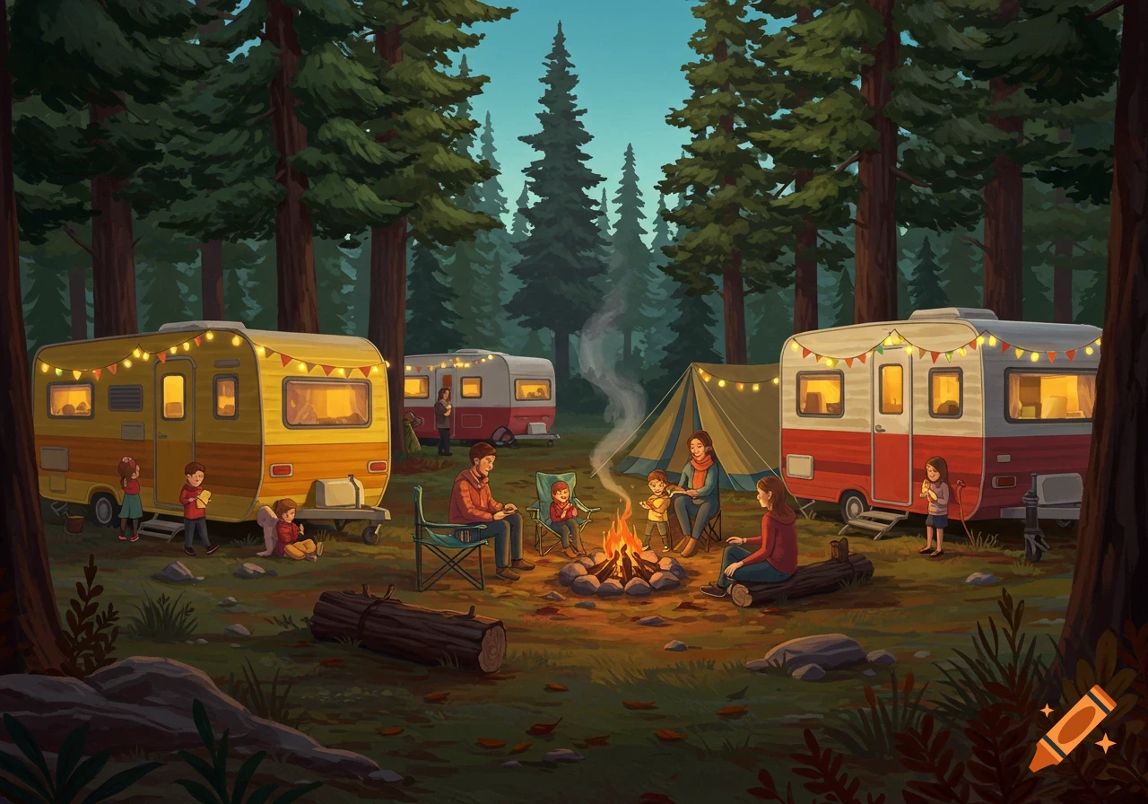 Illustrated scene of families camping in a forest with campers and a campfire.