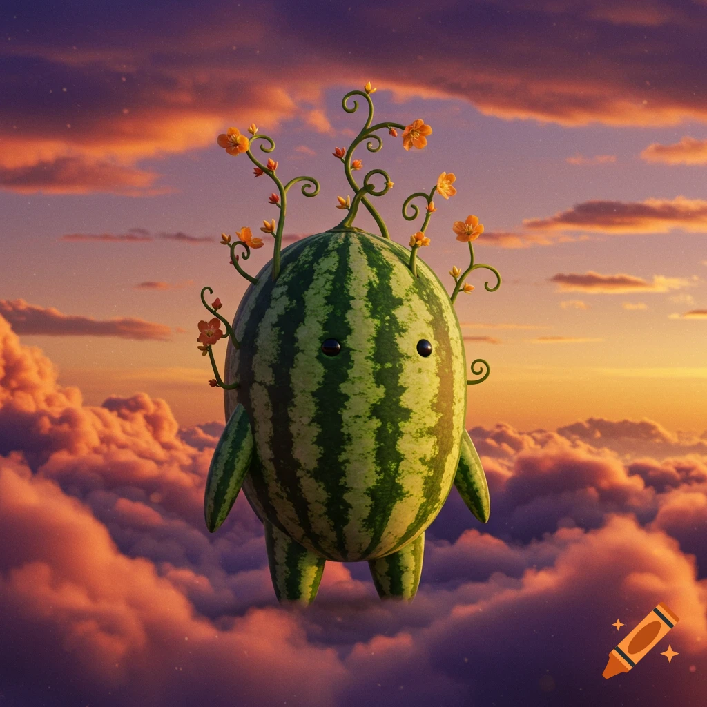 A whimsical cartoonish watermelon creature with green stripes, black eyes, and orange flowery vines on its head floats among pink and purple clouds at sunset.