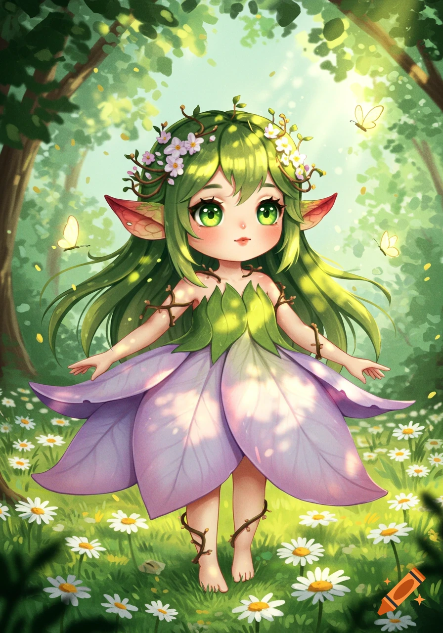 A cute anime chibi fairy with green hair, elf ears, and a purple flower dress stands in a sunny forest with daisies and butterflies.