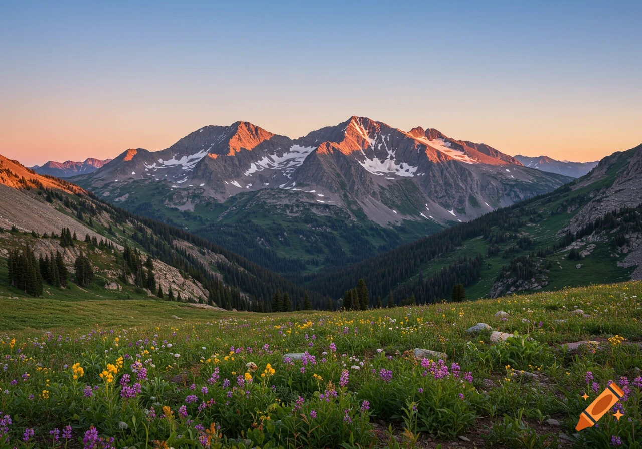 A vibrant mountain valley with snow-capped peaks illuminated by sunrise, and a foreground of purple and yellow wildflowers.