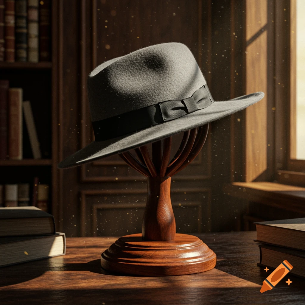 A gray fedora hat sits on a wooden hat stand on a desk in a sunlit library, with books in the foreground and background.