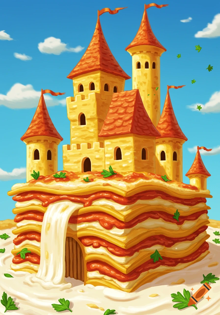 A whimsical, cartoon-style illustration of a castle made entirely of lasagna with cheese sauce flowing like a waterfall.