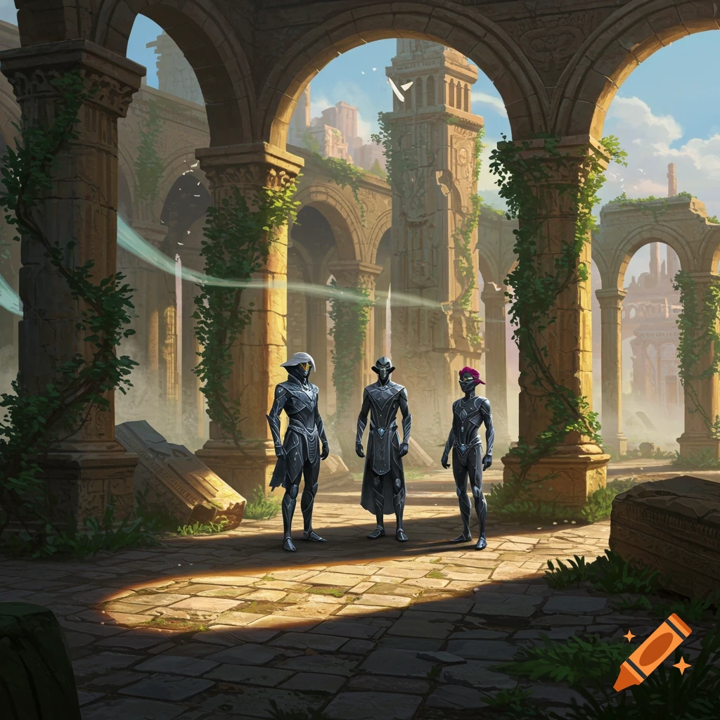 Three mysterious figures in futuristic suits stand in the sunlit ruins of an ancient, overgrown city.
