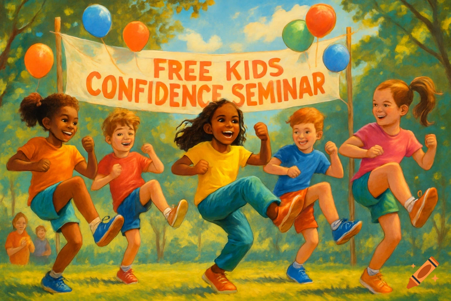 Group of happy, diverse children kicking and dancing outdoors under a banner reading 'FREE KIDS CONFIDENCE SEMINAR' in a vibrant painterly style.