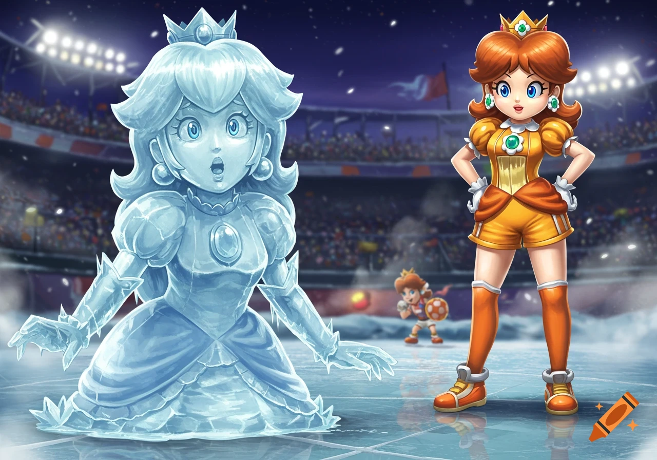 Princess Peach frozen in ice on a hockey rink, surprised, while Princess Daisy in a yellow sports outfit stands nearby, looking smug.