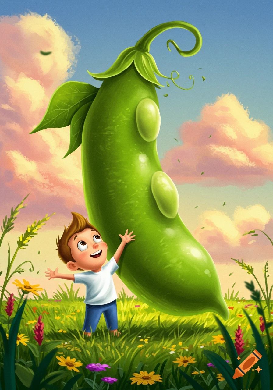 A cartoon boy in a field with flowers reaches up to a giant pea pod under a blue and pink sky, in a children's illustration style.