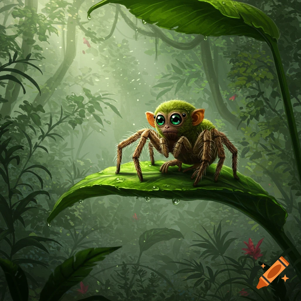 A green spider-monkey hybrid creature with large eyes sits on a large green leaf with water droplets in a misty jungle. Detailed illustration.
