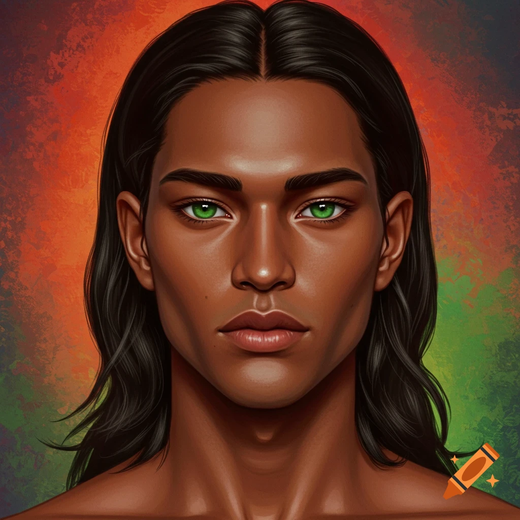 Close-up digital painting of a tan-skinned man with long dark hair, piercing green eyes, and defined features against a colorful background.