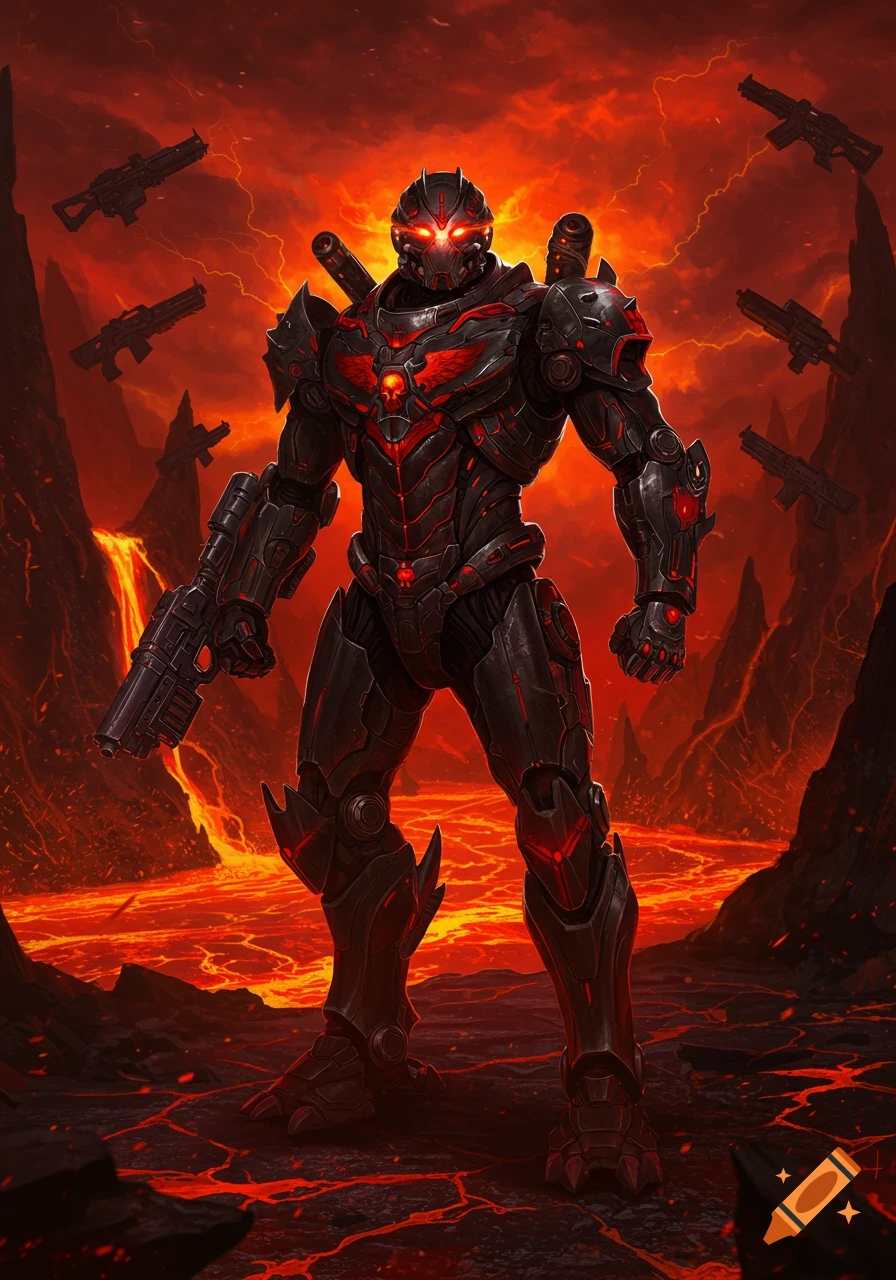 Armored black and red robot stands in a fiery hellscape with lava rivers and floating guns under a red sky.