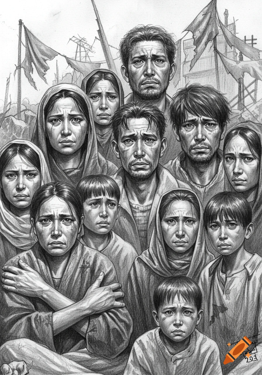 A black and white pencil sketch depicts a group of distressed men, women, and children with sad expressions, in a ruined environment with torn flags.