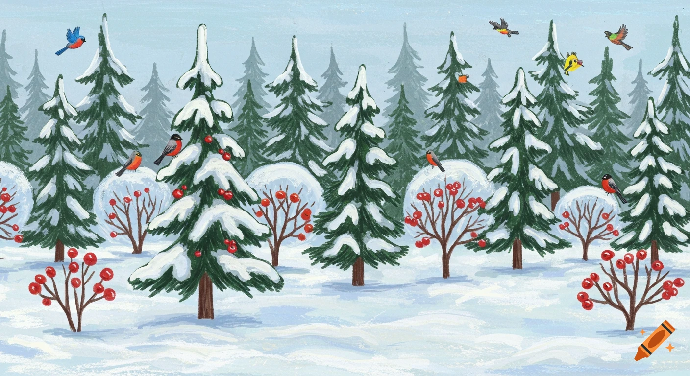 A hand-drawn winter forest scene with snow-covered evergreen trees, red berries, and colorful birds flying and perched among the branches.