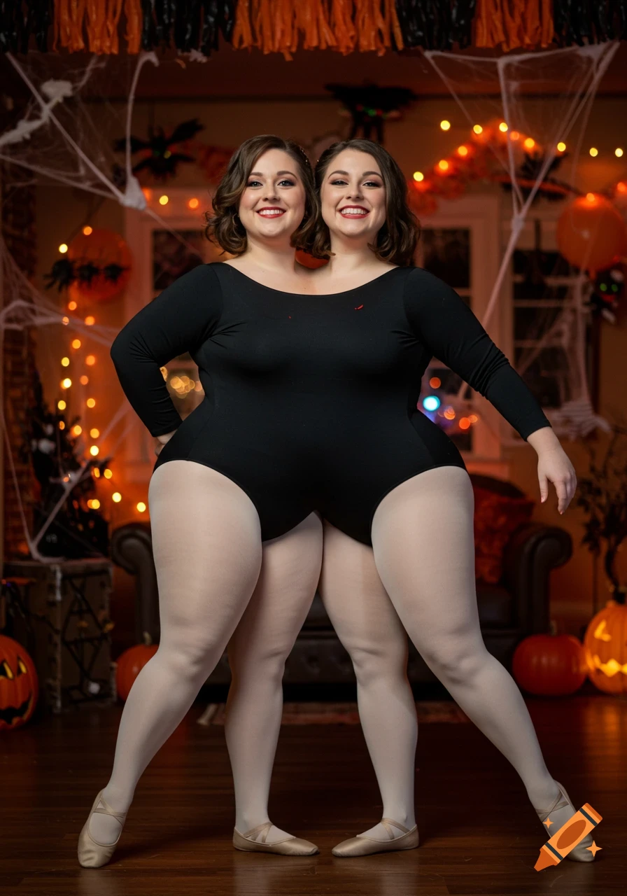 Two women with a merged body, creating a two-headed illusion, wear black leotards and white tights, posing in a Halloween-decorated room.