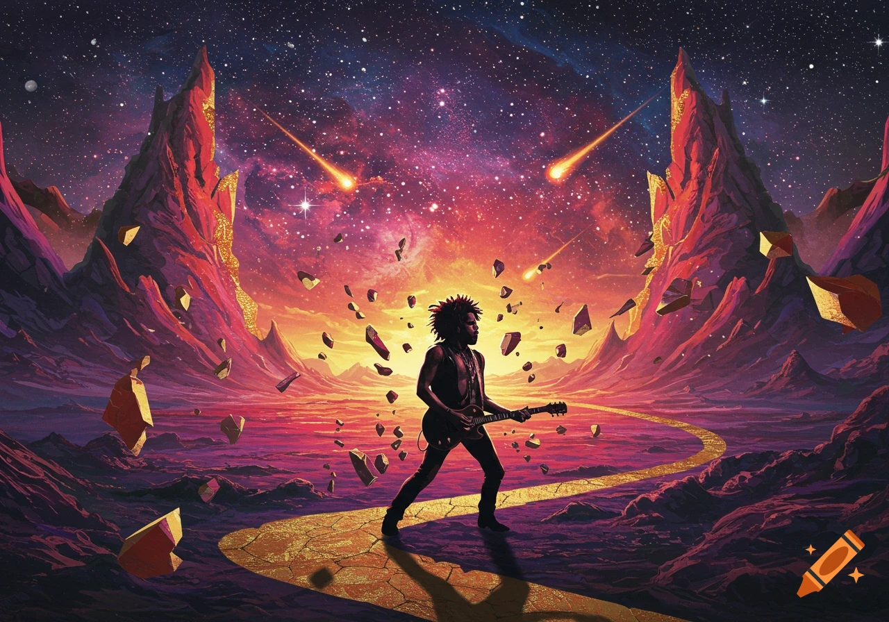 A silhouetted person plays an electric guitar on a winding golden path in a vibrant, surreal alien landscape with jagged red mountains and a colorful nebula sky filled with shooting stars and debris.