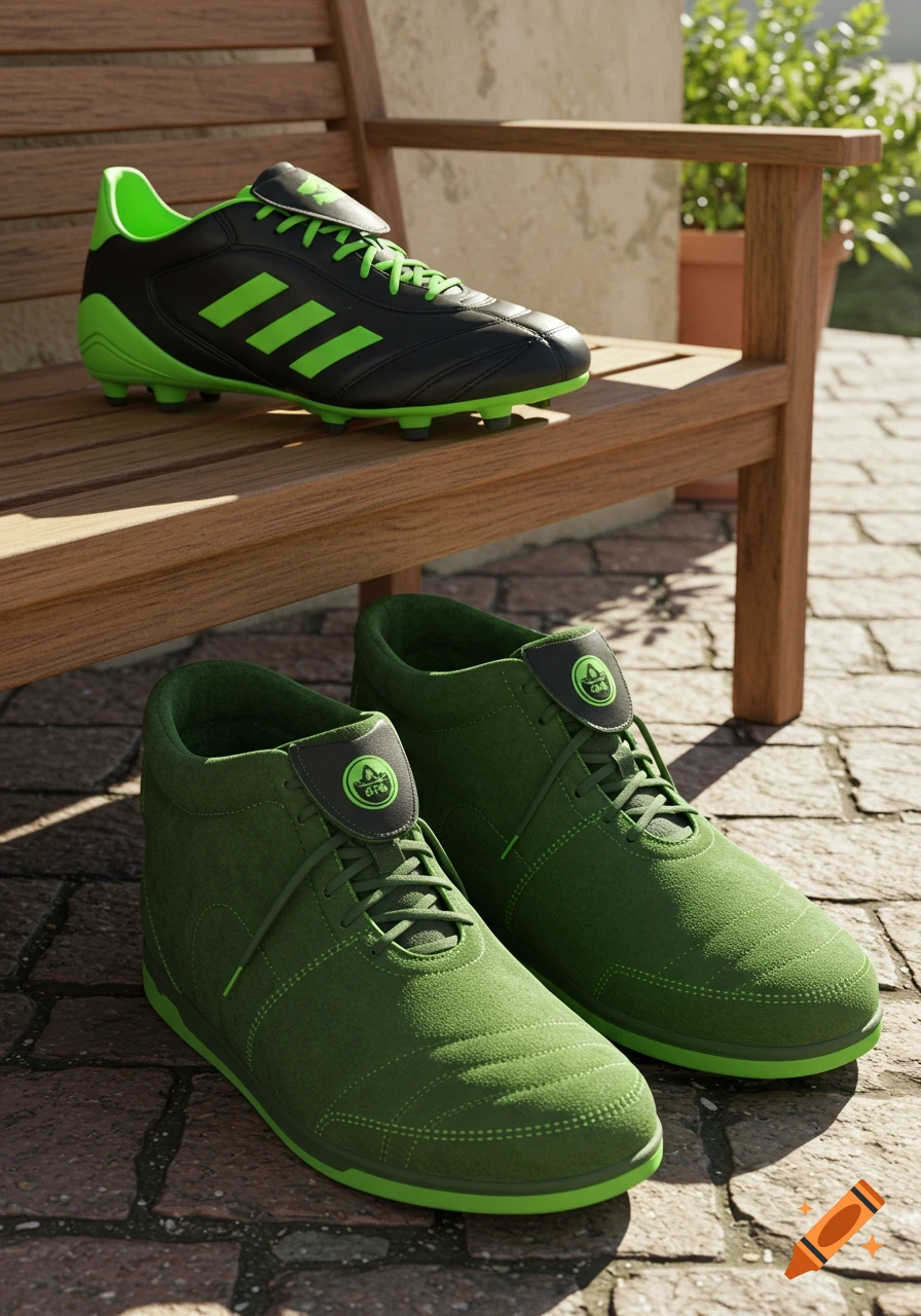 A black and neon green soccer cleat rests on a wooden bench, with a pair of dark green suede slippers on the brick ground below it.