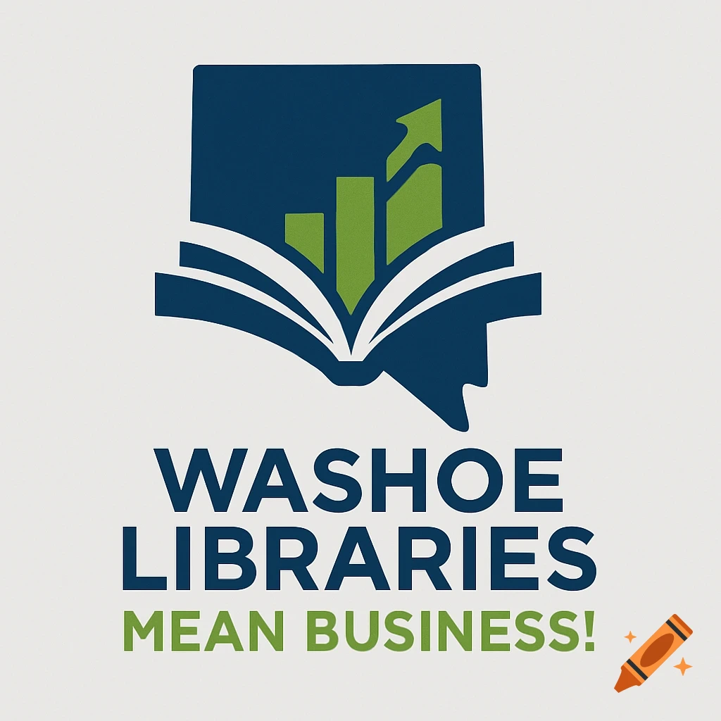 Modern logo for Washoe Libraries featuring an open book, an upward-pointing bar graph, and the text 'Washoe Libraries Mean Business!' in blue and green.