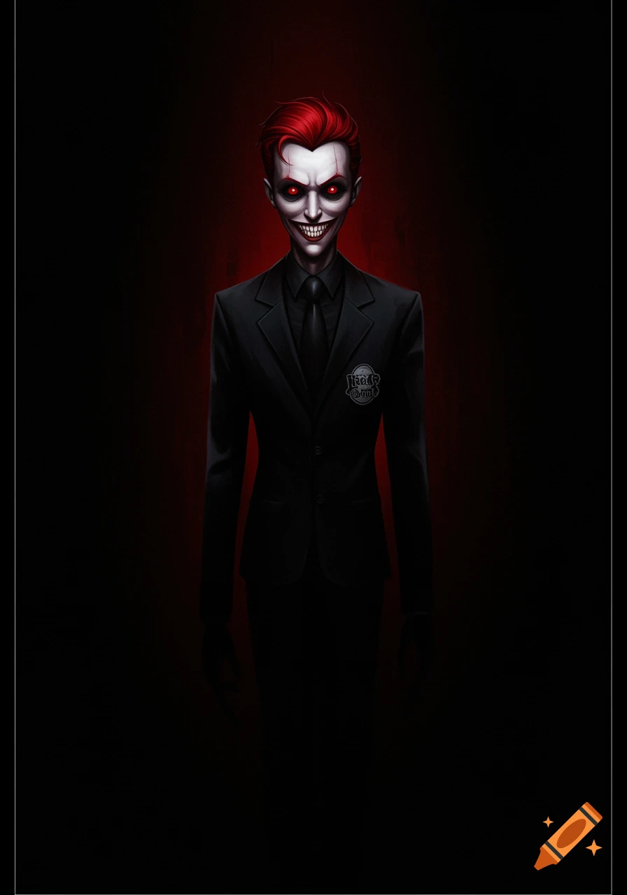 A sinister, pale-skinned man with red hair and glowing red eyes grins, showing pointed teeth, dressed in a black suit against a red and black background.