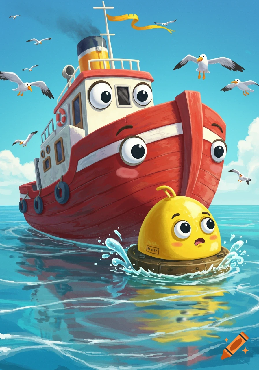 A friendly red cartoon tugboat backs up towards a surprised yellow buoy, both with wide eyes, on a bright blue ocean under seagulls.