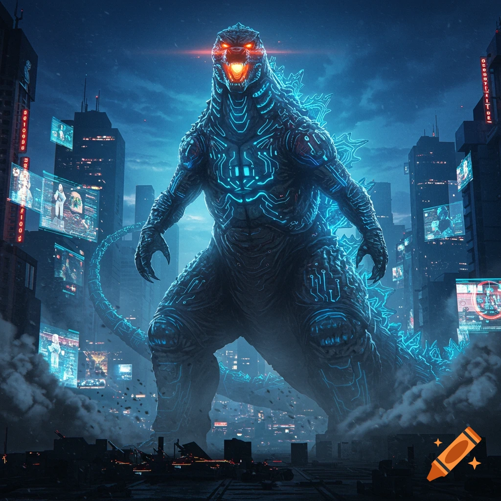 A towering, glowing blue Godzilla with circuit patterns emerges from smoke in a dark, futuristic cityscape under a cloudy blue sky.