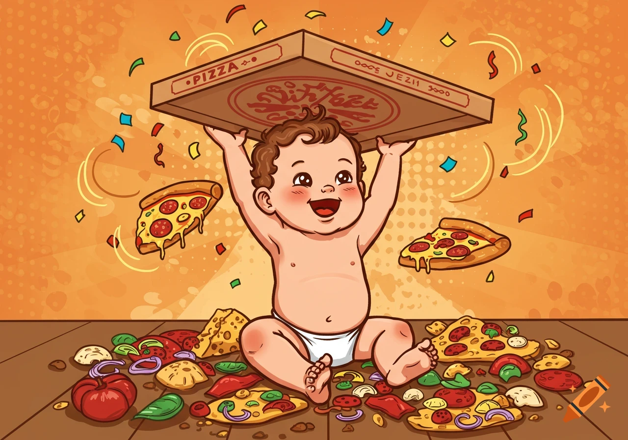 Cartoon illustration of a happy baby in a diaper holding up a pizza box, with pizza slices and ingredients scattered around.