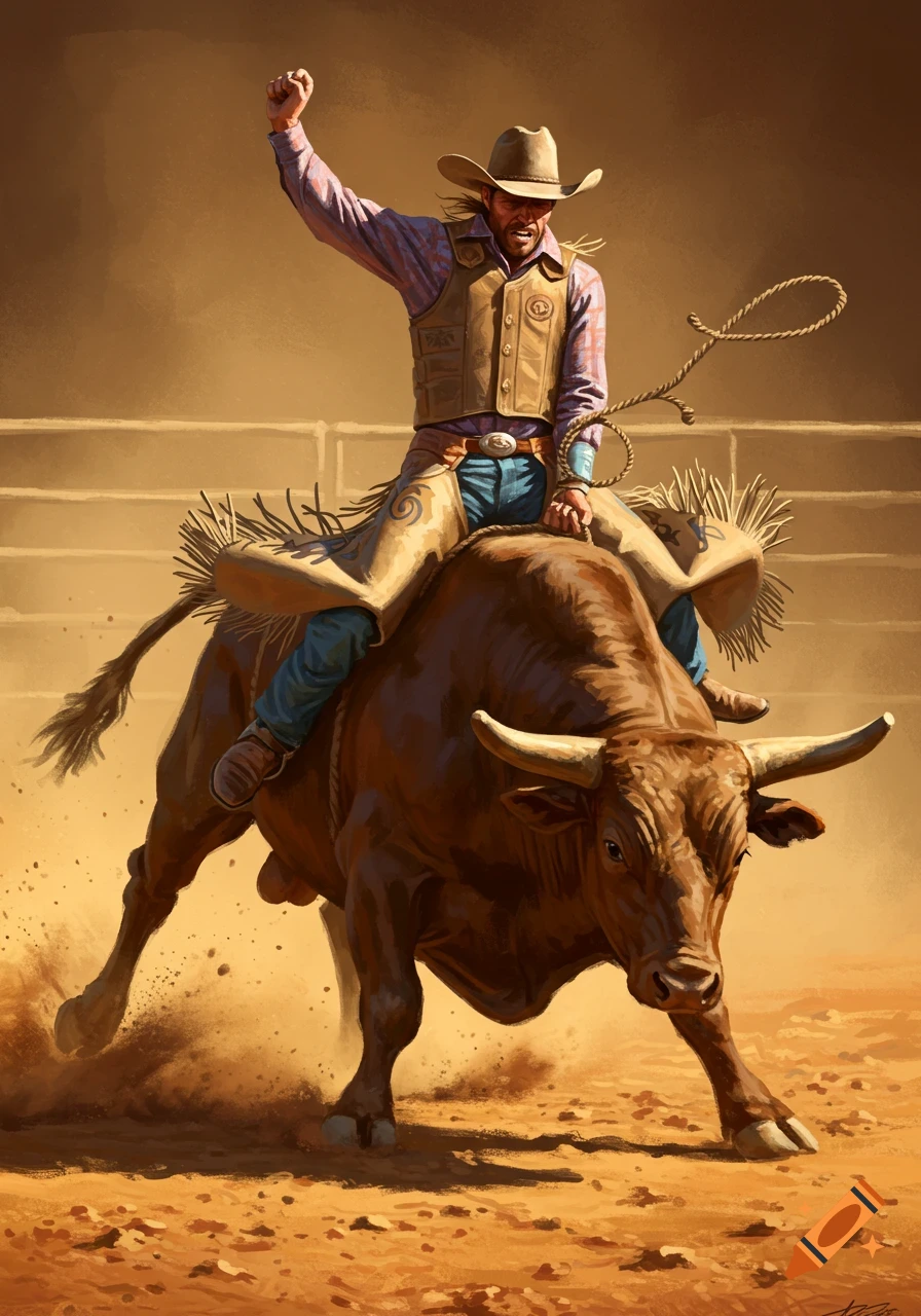 A cowboy in a hat and chaps rides a bucking bull in a dusty rodeo arena, raising one arm, in a realistic painted style.