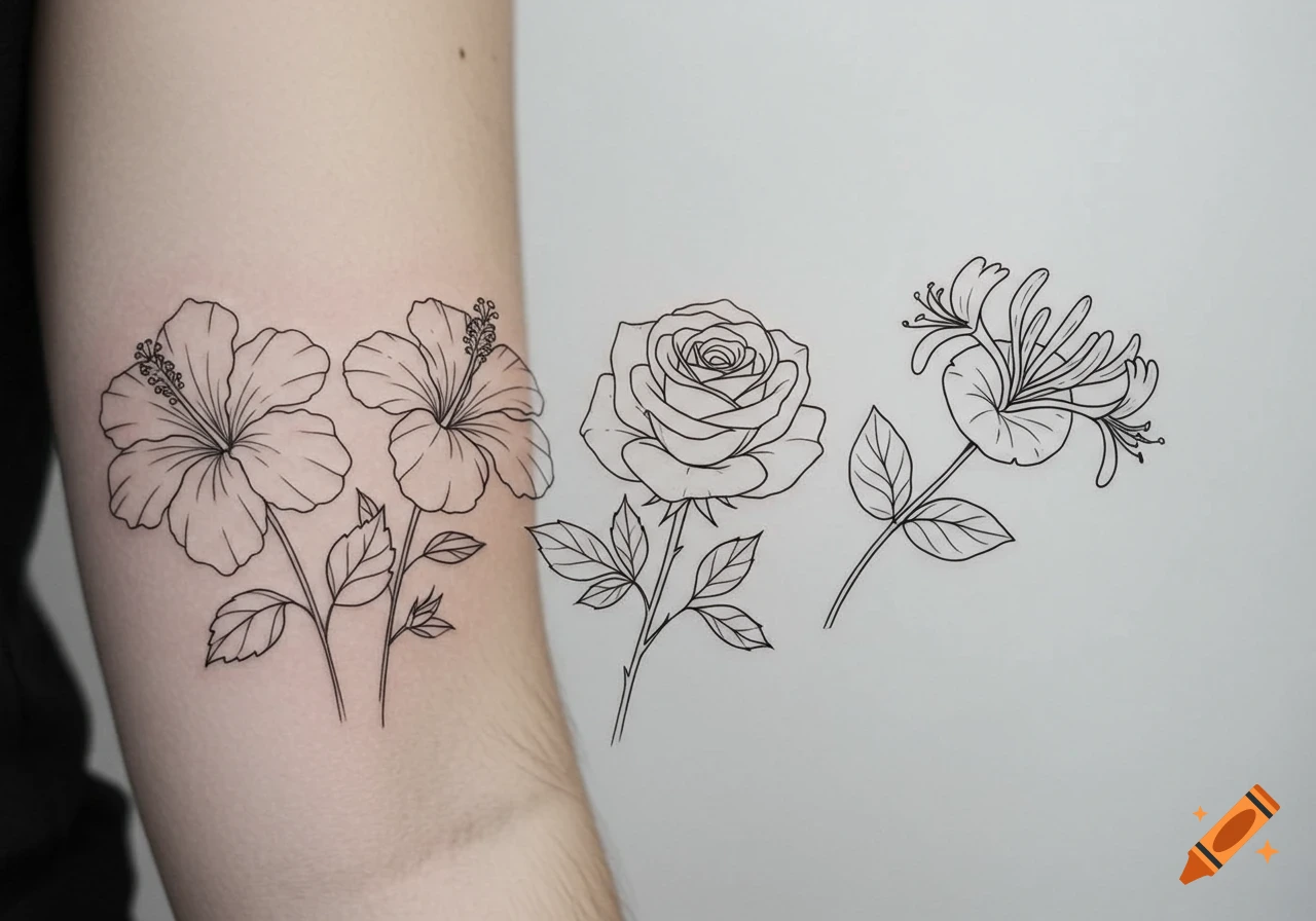 Fine line minimalist tattoo designs of hibiscus, rose, and honeysuckle, with two hibiscus on an arm.