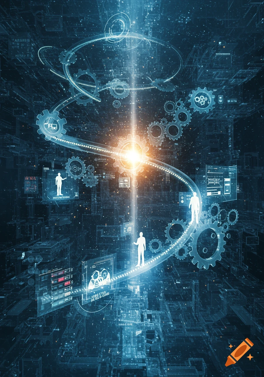 A futuristic digital network with glowing gears, interconnected lines, human silhouettes, and abstract data displays in shades of blue and orange.