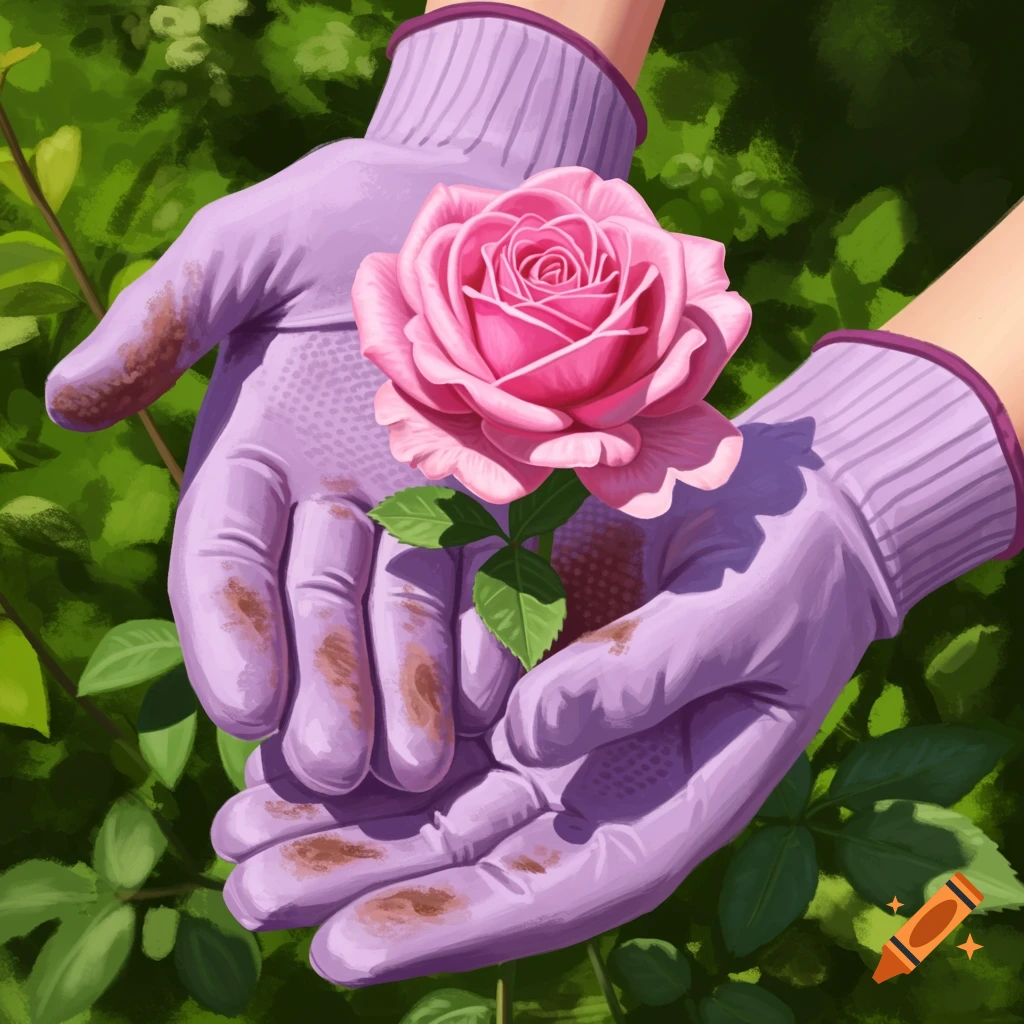 Hands in purple gardening gloves holding a vibrant pink rose against a green background, illustrative style.