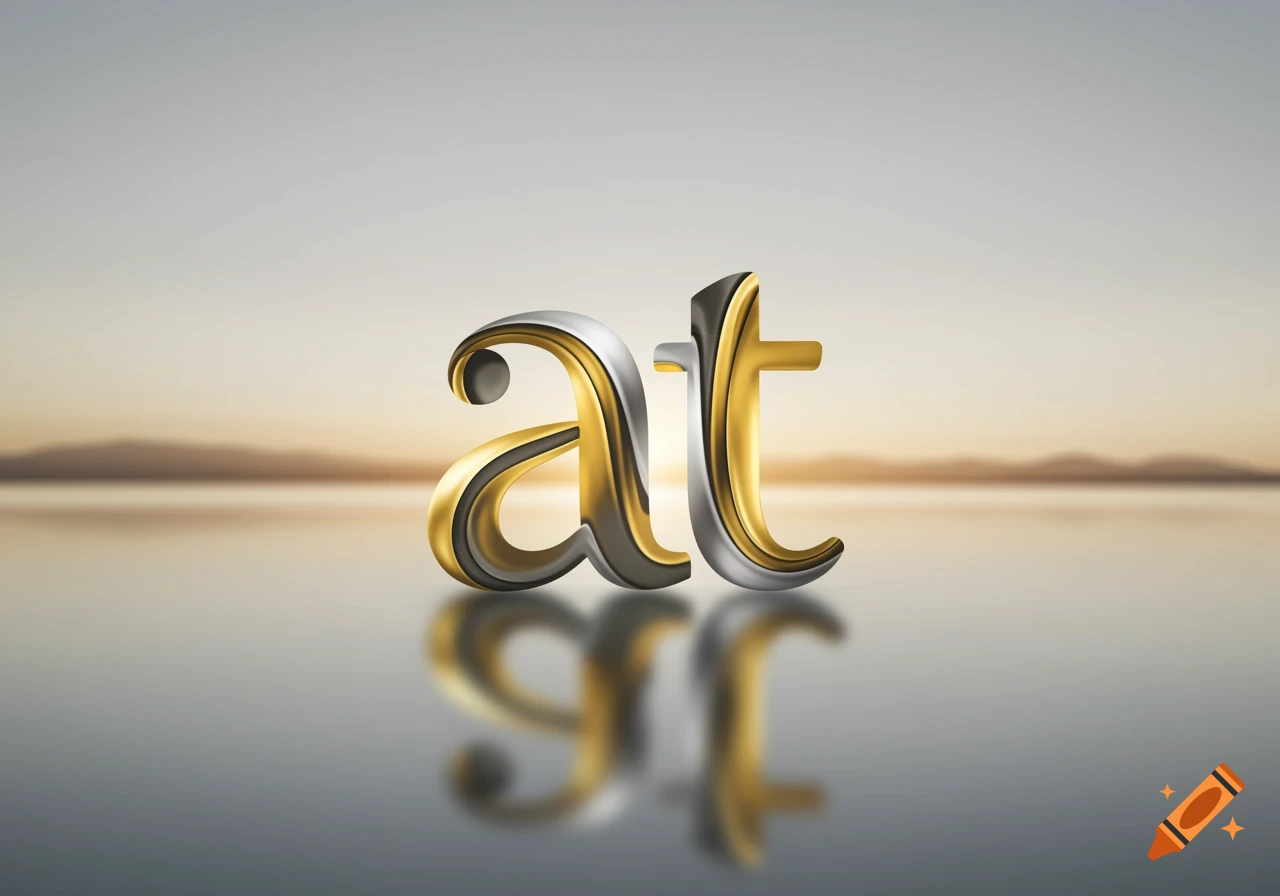 The stylized letters "at" in gold and silver, reflecting on a calm water surface with a hazy sunset landscape background.