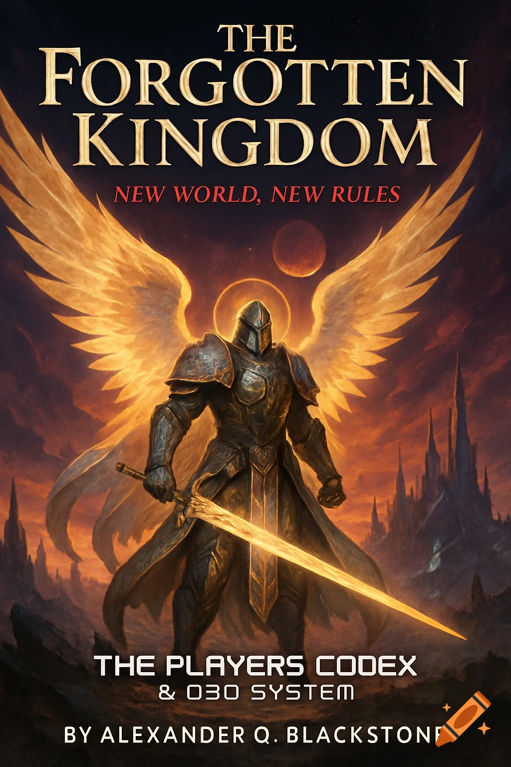 Fantasy book cover with an armored winged warrior holding a glowing sword in front of a shattered kingdom and two moons.