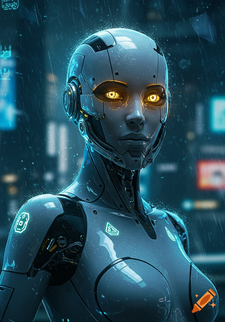 A close-up of a female robot with glowing yellow eyes and a sleek grey and blue metallic body, standing in the rain at night in a futuristic city.