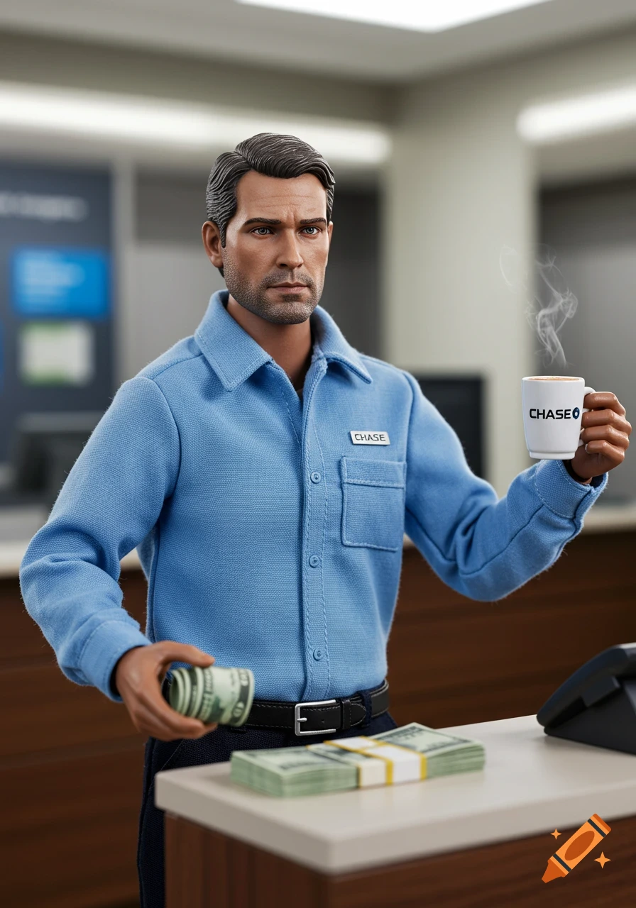 Photorealistic action figure of a male Chase bank teller in a blue shirt holding a coffee cup and money at a counter.