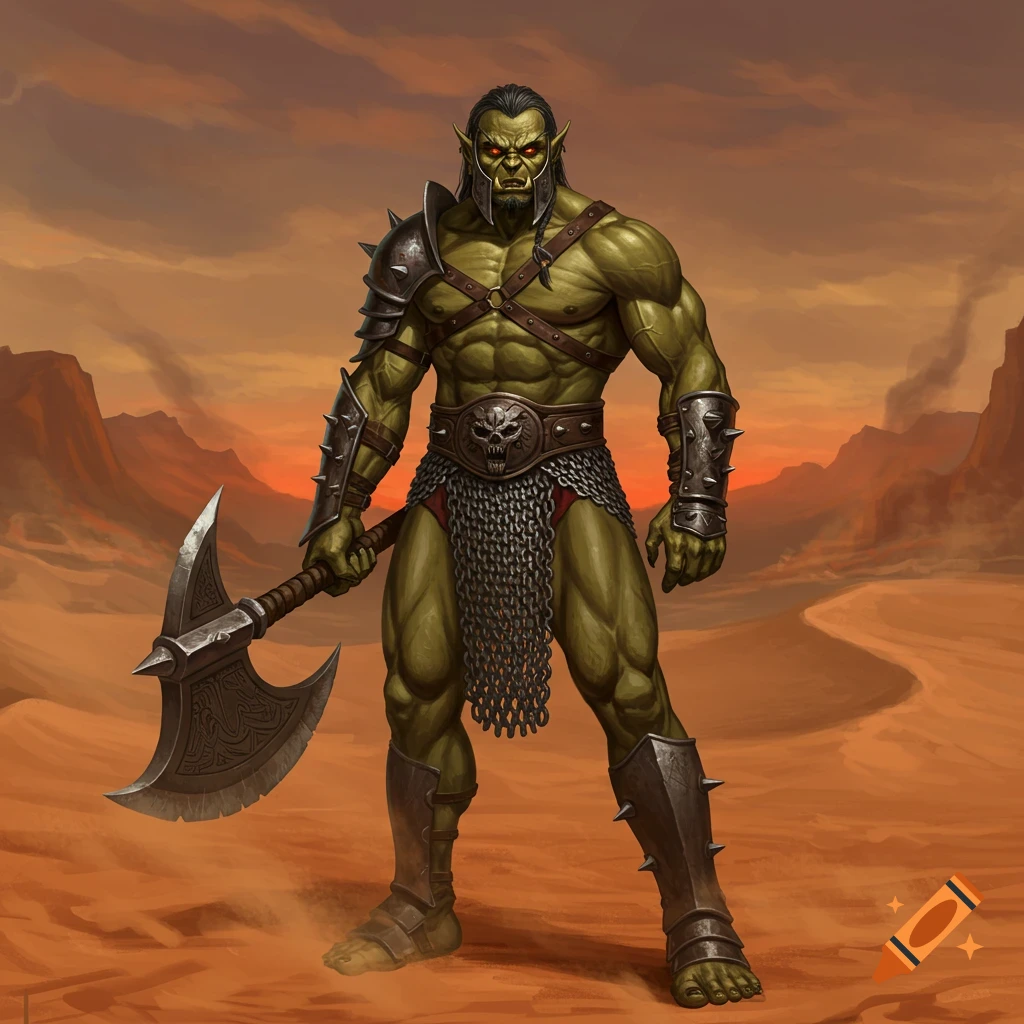 Muscular green-skinned orc warrior in spiked armor with an axe in a desert landscape, fantasy art.
