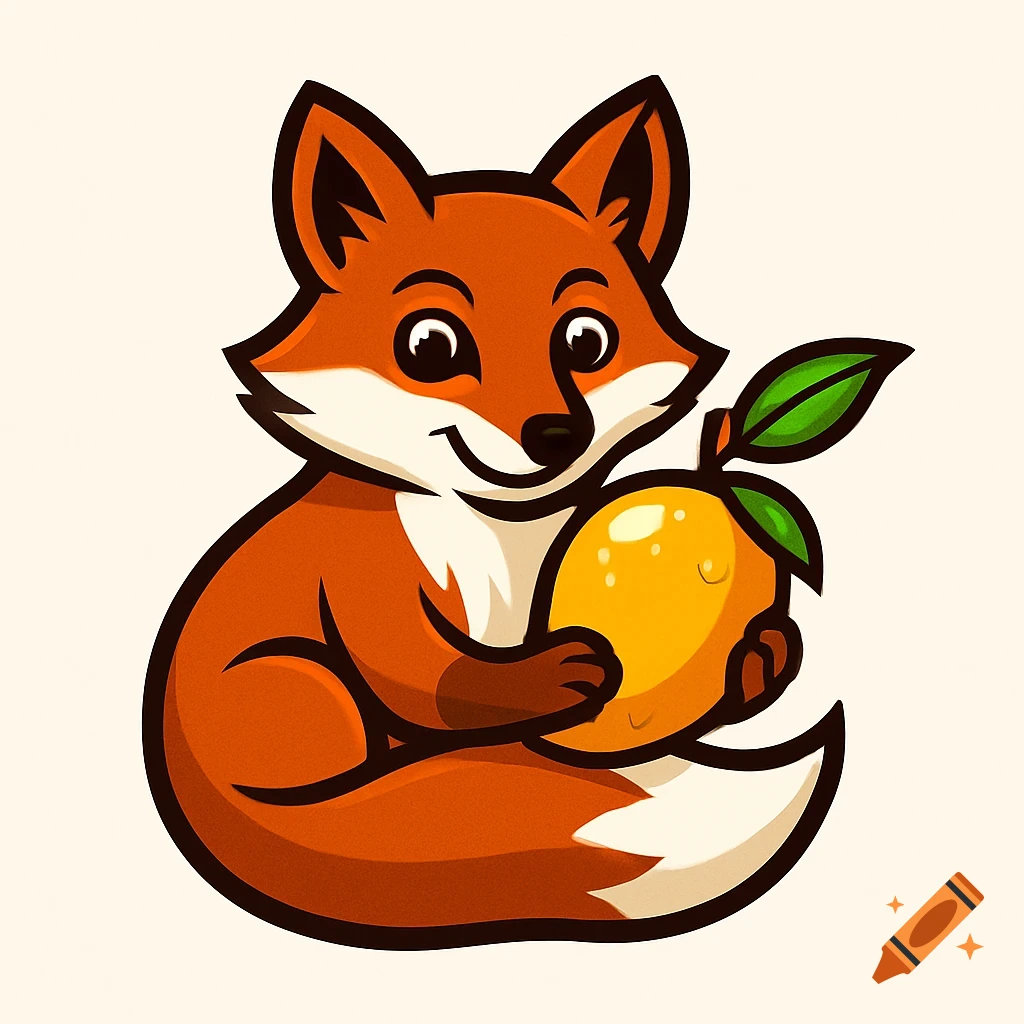 A cute cartoon fox with orange fur and white markings, holding a yellow mango with a green leaf, on a light background.