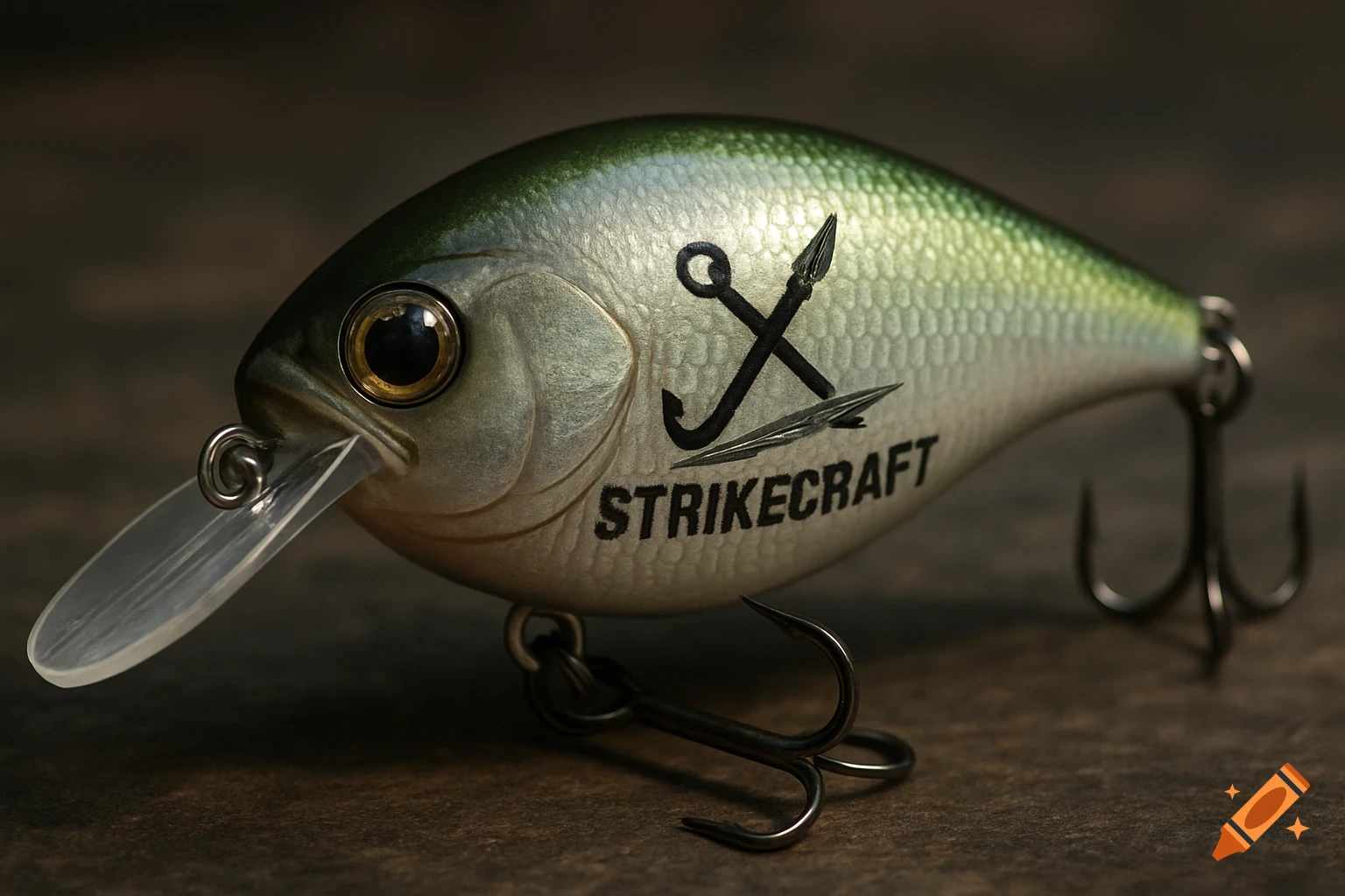Photorealistic crankbait fishing lure with green, silver, and gray scales, featuring a black hook and spear logo, and 'STRIKECRAFT' text.
