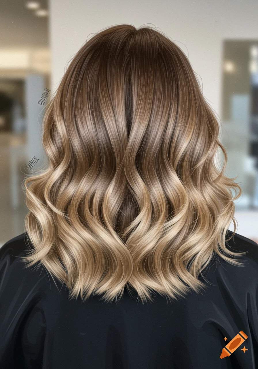 Back view of a woman with shoulder-length wavy hair featuring a brunette root melt fading into vanilla blonde balayage.