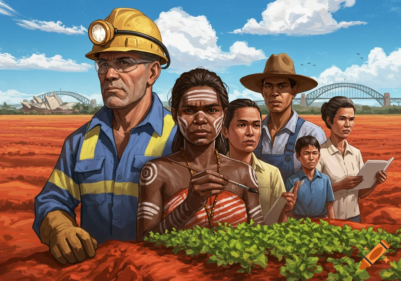 An illustration of a diverse group of working people, including a miner, an indigenous woman, and farmers, standing in a red field with the Sydney Opera House and Harbour Bridge in the background under a blue sky.