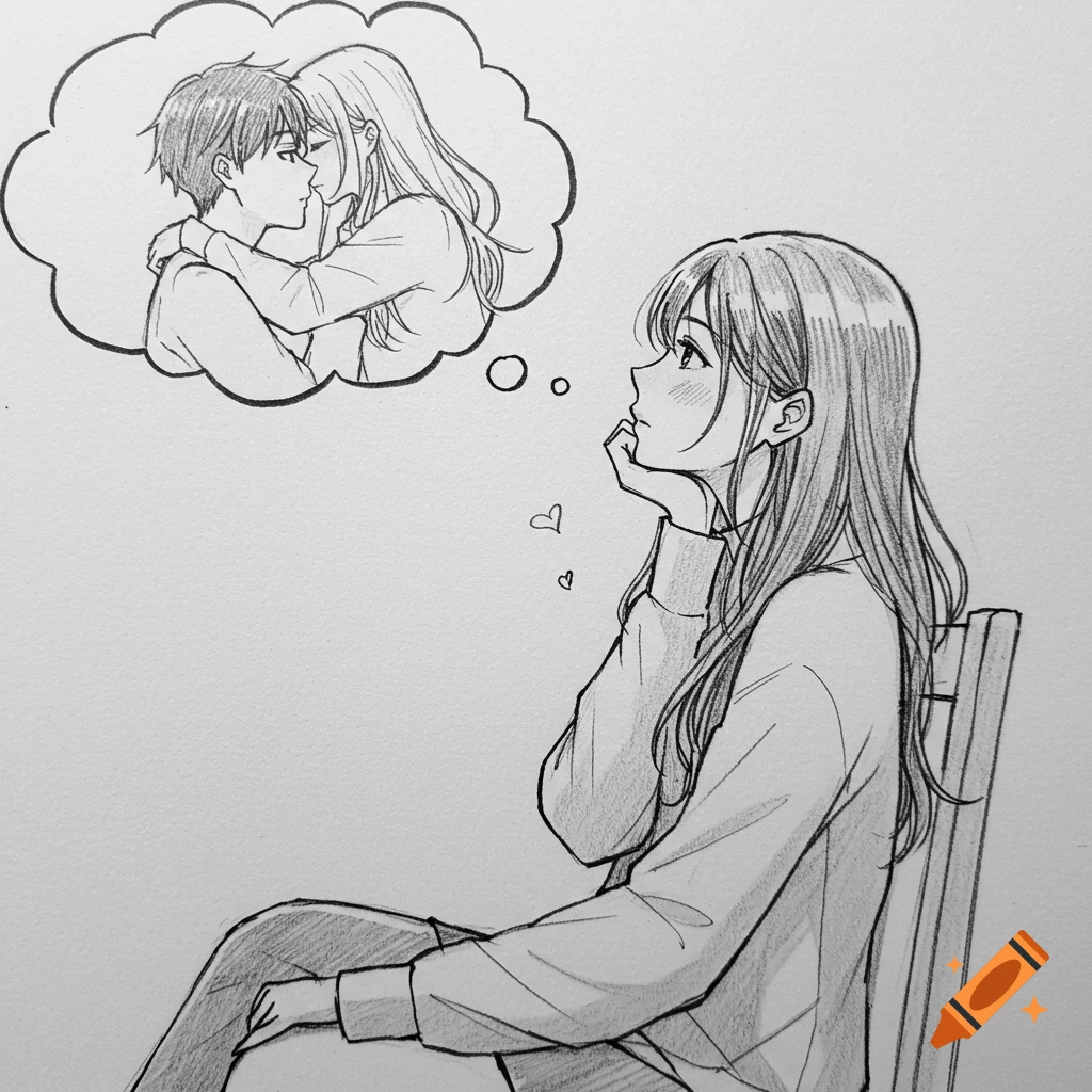 A black and white pencil sketch of a young woman sitting, daydreaming of kissing a man.
