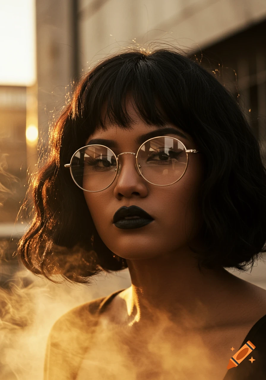 Close-up portrait of a woman with black short wavy hair, big round glasses, and black lipstick, illuminated by warm sunlight.